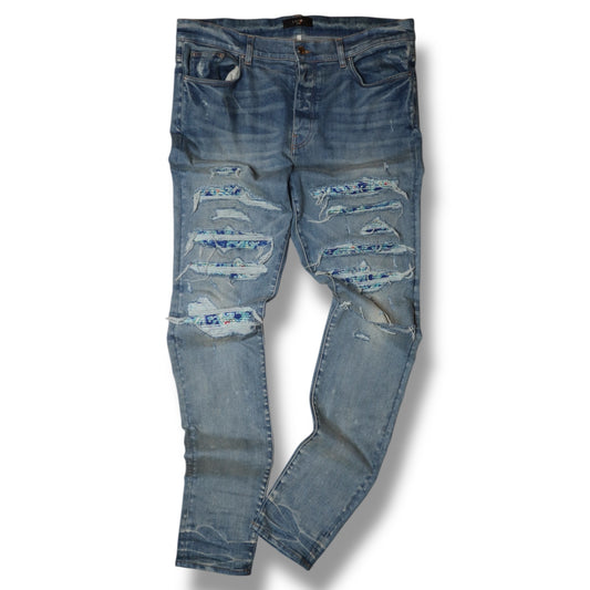 Amiri Distressed Blue Paisley Patch Jeans