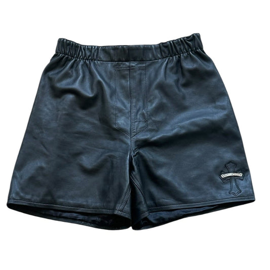 CH Blk Leather Scroll Cross Patch Shorts
